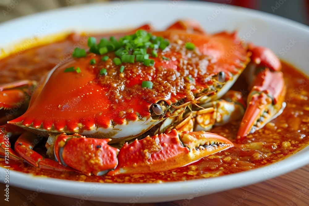 Detailed image of a Singaporean chili crab dish, vibrant red sauce and crab meat, Southeast Asian cuisine, stock photo style. Detailed image of a Singaporean chili crab dish, vibrant red sauce and crab meat, Southeast Asian cuisine, stock photo style.