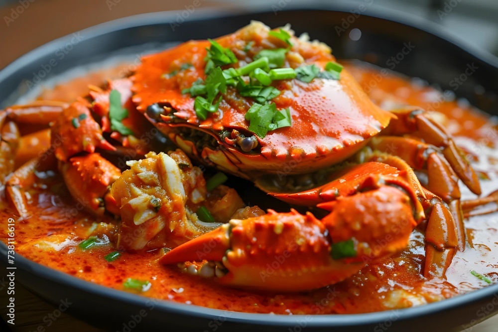 Detailed image of a Singaporean chili crab dish, vibrant red sauce and crab meat, Southeast Asian cuisine, stock photo style.
