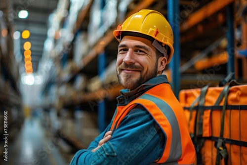 A male supervisor stands in shipping warehouse with smiles looking at the camera with a happy with satisfied with the sales