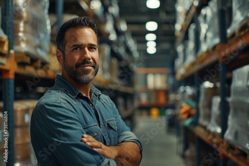 A male supervisor stands in shipping warehouse with smiles looking at the camera with a happy with satisfied with the sales © เลิศลักษณ์ ทิพชัย