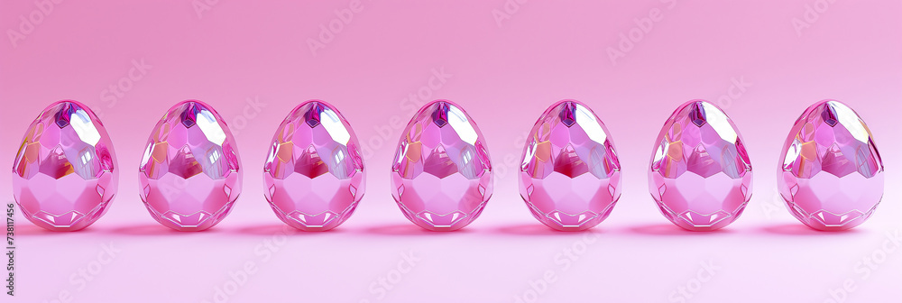 Easter pink faceted shiny eggs lined up in a row. Illustration, pink banner on a pink background. Religious holiday concept, traditions Easter pink faceted shiny eggs lined up in a row. Illustration, pink banner on a pink background. Religious holiday concept, traditions
