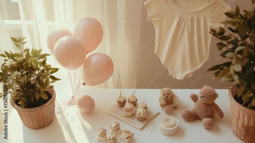 Baby shower - urodzinowy stół ze słodkościami. Minimalistyczne jasne tło na życzenia lub metryczkę z balonami i dekoracjami - narodziny dziecka - dziewczynki lub chłopca. - obrazy, fototapety, plakaty 
