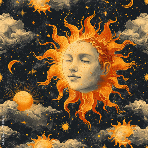 Tile with face as sun as background and to fill areas in soft colors, ai generated