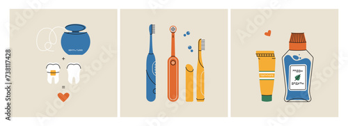 Dental hygiene tools. Cartoon toothbrush toothpaste flossing mouthwash, oral care flat style, dentist equipment for healthy teeth. Vector set