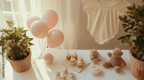 Baby shower - urodzinowy stół ze słodkościami. Minimalistyczne jasne tło na życzenia lub metryczkę z balonami i dekoracjami - narodziny dziecka - dziewczynki lub chłopca.
