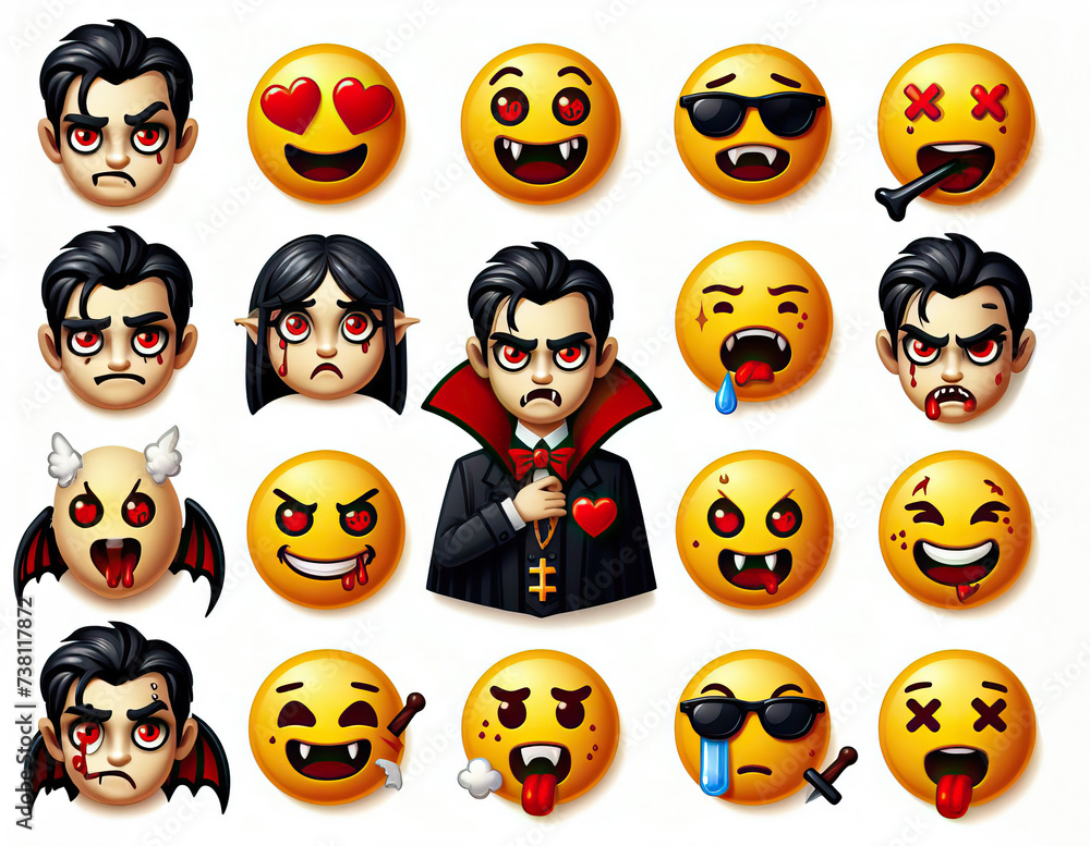 A set of vampire emoticons on a white background. Generative AI. A set of vampire emoticons on a white background. Generative AI.