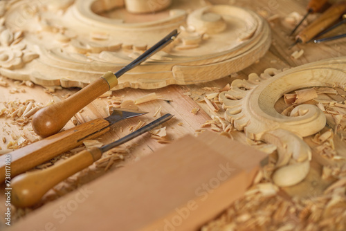 Obraz na płótnie Old carpentry tools on a workbench closeup, woodworking, craftsmanship and handw