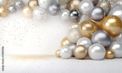 Balloon decoration is white, silver and gold on a white background and gold sprinkling particles with empty space on the left
