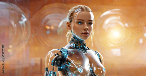 Abstract Cyborg girl on the blurred sci-fi background. Girl robot Android, Chat Bot, Modern Technology, Deep fake background concept image. Artificial intelligence (AI) concept.