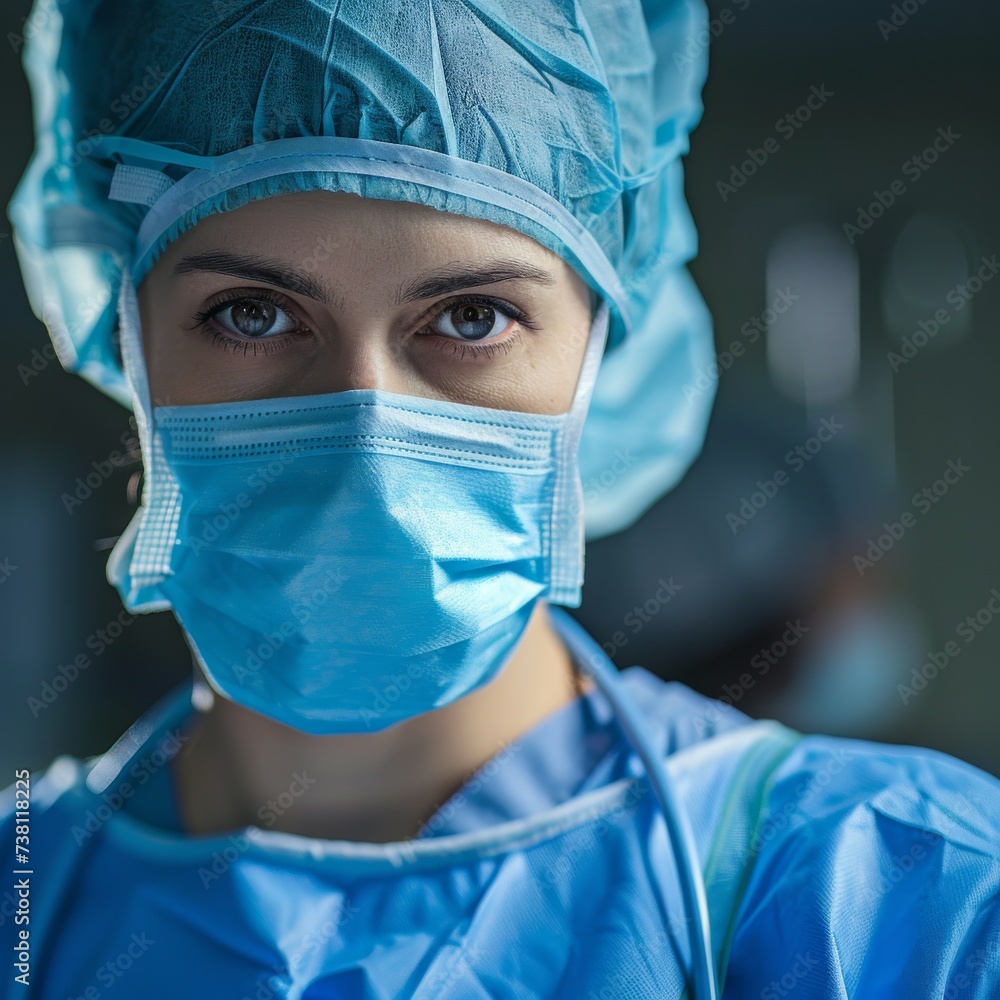 Young female surgeon wearing surgical mask and cap concentrating in a modern operating theater. Young female surgeon wearing surgical mask and cap concentrating in a modern operating theater.