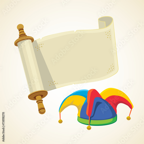 Esther Scroll and jester's cap vector illustration. Purim concept photo