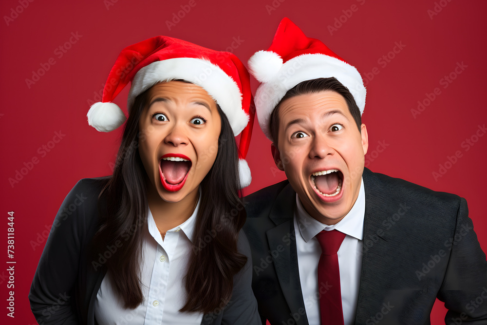 Office Team couple Employees in Christmas Hats. Office Team couple Employees in Christmas Hats.