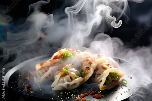 Fried dumplings on a plate with smoke on a black background photo