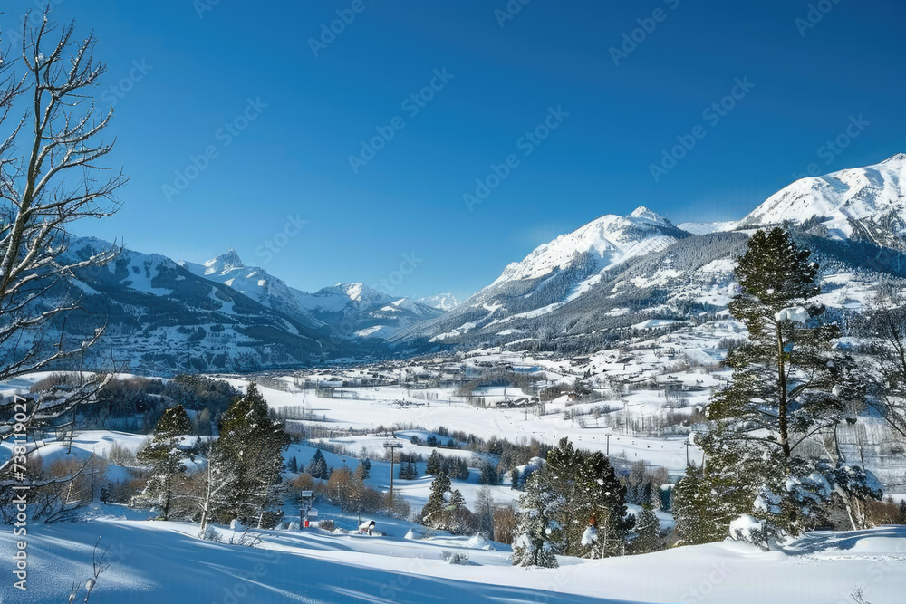 Ski resort landscape on clear sunny day
