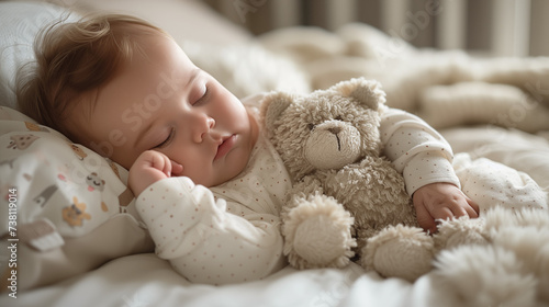 Cute little baby sleeping with teddy bear on bed at home