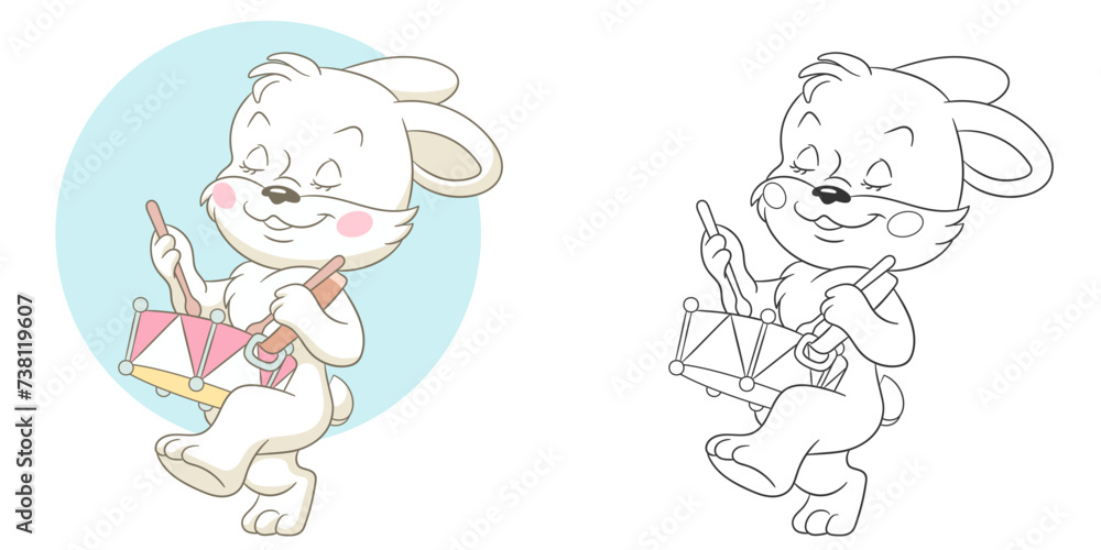 Bunny drummer playing music. Cute baby animal character. Set with a coloring page and colorful cartoon illustration. Bunny drummer playing music. Cute baby animal character. Set with a coloring page and colorful cartoon illustration.