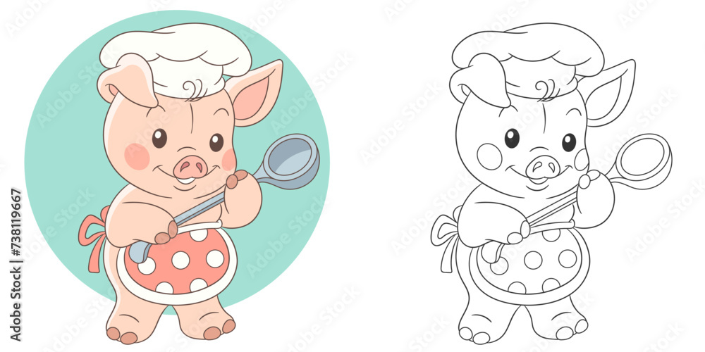 Little pig in a chef hat cooking. Cute baby animal character. Set with a coloring page and colorful cartoon illustration.