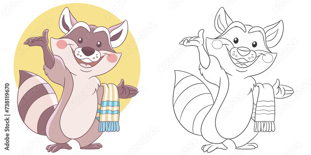 Raccoon taking shower. Cute baby animal character. Set with a coloring page and colorful cartoon illustration.