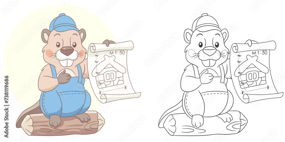 Beaver planing to build a house. Cute baby animal character. Set with a coloring page and colorful cartoon illustration.