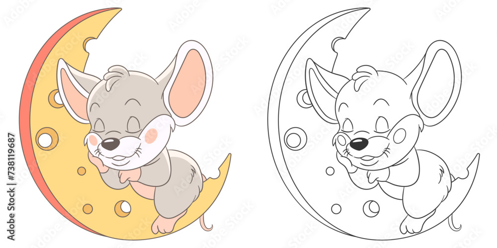 Mouse sleeping on a cheese moon. Cute baby animal character. Set with a coloring page and colorful cartoon illustration.