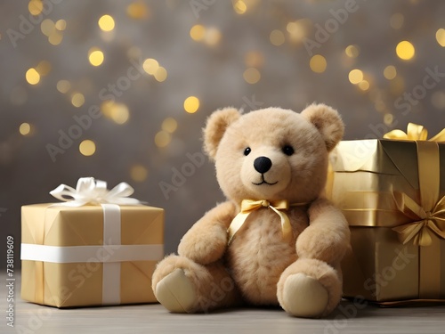Soft brown teddy bear surrounded by various gift boxes and toys, perfect for Christmas or any special occasion, conveying warmth, love, and childhood joy © Natti