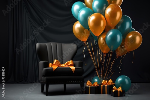 blue and orange balloons, a black gift box with orange ribbons, a black sofa with orange ribbons, on a black background