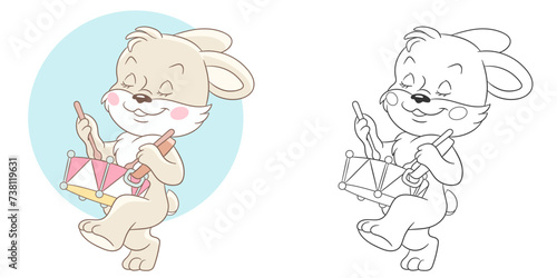 Rabbit playing the drum. Cute baby animal character. Set with a coloring page and colorful cartoon illustration.