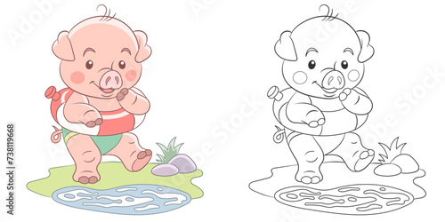 Little pig swimming with a lifebuoy. Cute baby animal character. Set with a coloring page and colorful cartoon illustration.