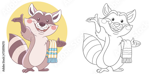 Raccoon taking shower. Cute baby animal character. Set with a coloring page and colorful cartoon illustration.