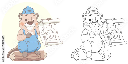 Beaver planing to build a house. Cute baby animal character. Set with a coloring page and colorful cartoon illustration.