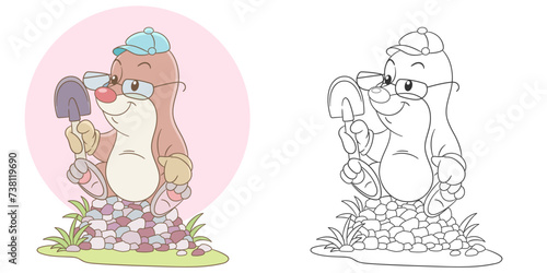 Mole digging ground with his spade. Cute baby animal character. Set with a coloring page and colorful cartoon illustration.	

