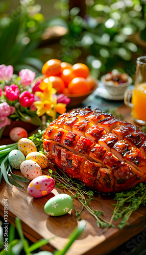 Festive Easter Brunch Spread with Glazed Ham, easter eggs, salads, assorted appetizers and  spring flowers in garden © Svetlana Kolpakova