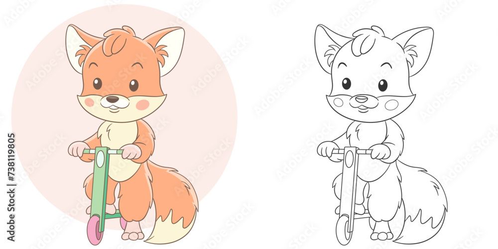 Fox riding electric scooter. Cute baby animal character. Set with a coloring page and colorful cartoon illustration.