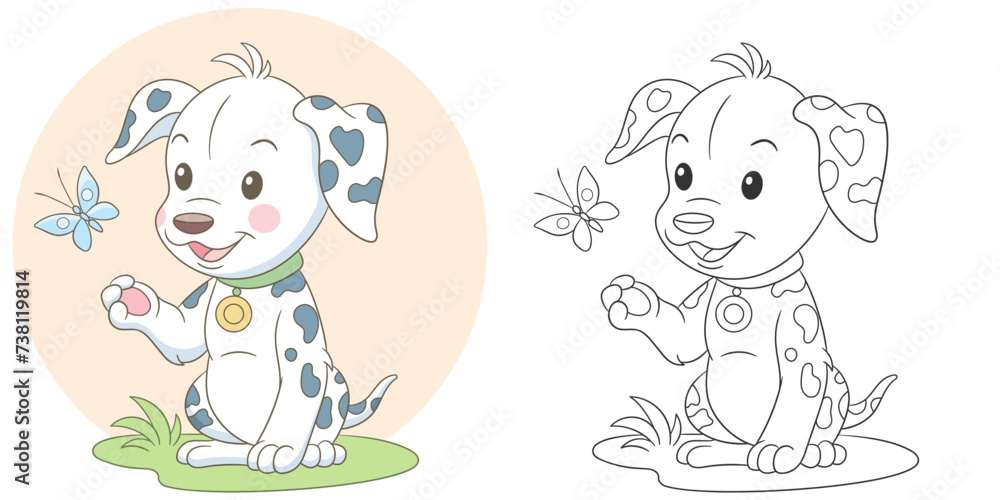 Obraz premium Dalmatian puppy and butterfly. Cute baby animal character. Set with a coloring page and colorful cartoon illustration.
