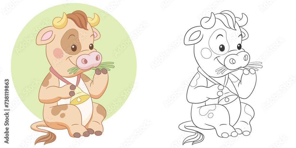 Farm cow eating grass. Cute baby animal character. Set with a coloring page and colorful cartoon illustration. Farm cow eating grass. Cute baby animal character. Set with a coloring page and colorful cartoon illustration.