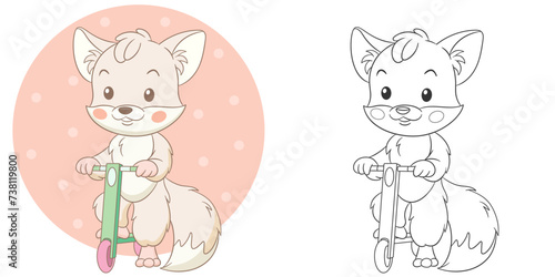 Fox playing with a kick scooter. Cute baby animal character. Set with a coloring page and colorful cartoon illustration.