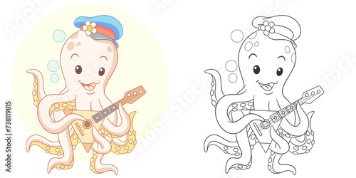 Octopus playing balalaika. Cute baby animal character. Set with a coloring page and colorful cartoon illustration.