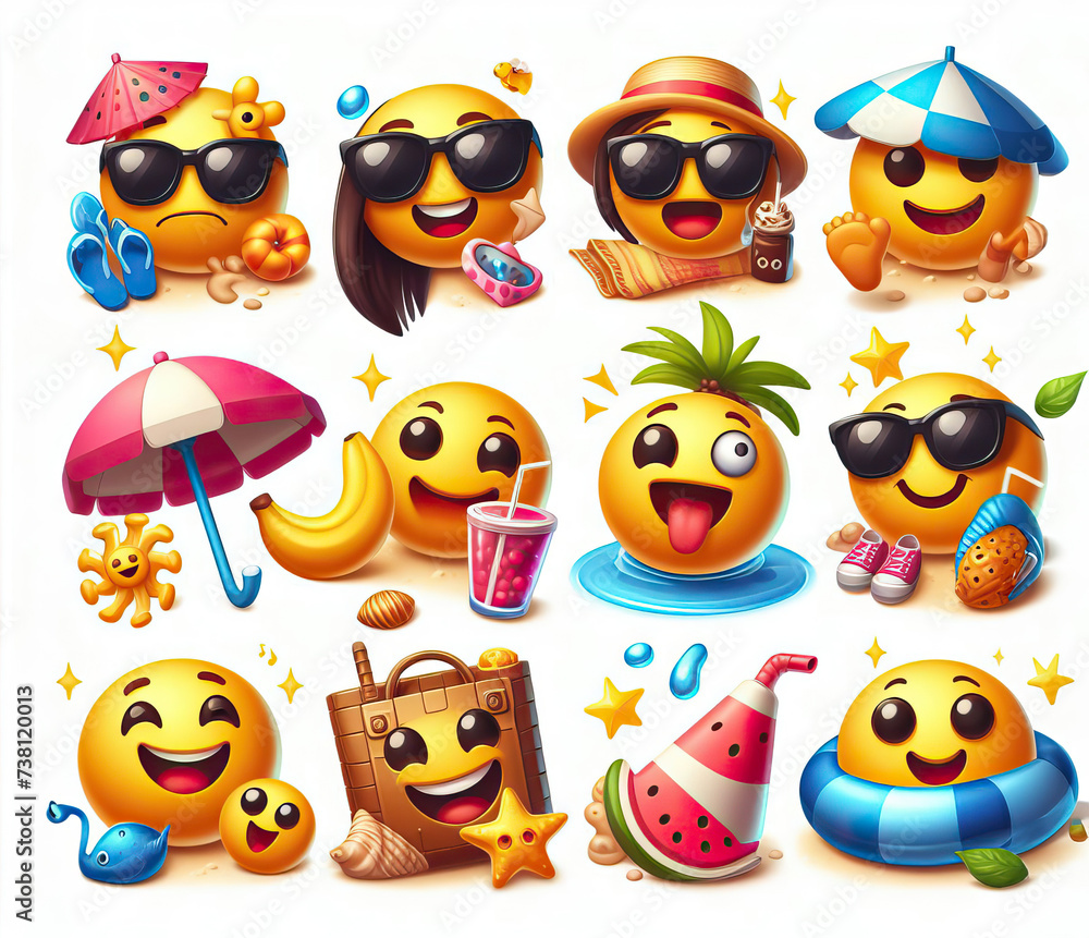 Set of emoticons on a white background in the style of vacation on the beach. Generative AI. Set of emoticons on a white background in the style of vacation on the beach. Generative AI.