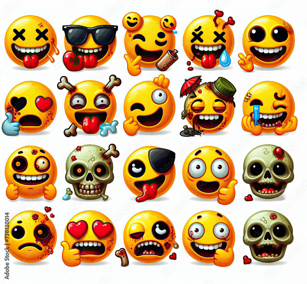 Set of emoticons on a white background in the style of vacation on the beach. Generative AI. Set of emoticons on a white background in the style of vacation on the beach. Generative AI.