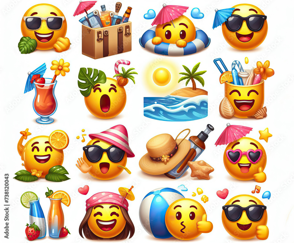 Fototapeta premium Set of emoticons on a white background in the style of vacation on the beach. Generative AI.