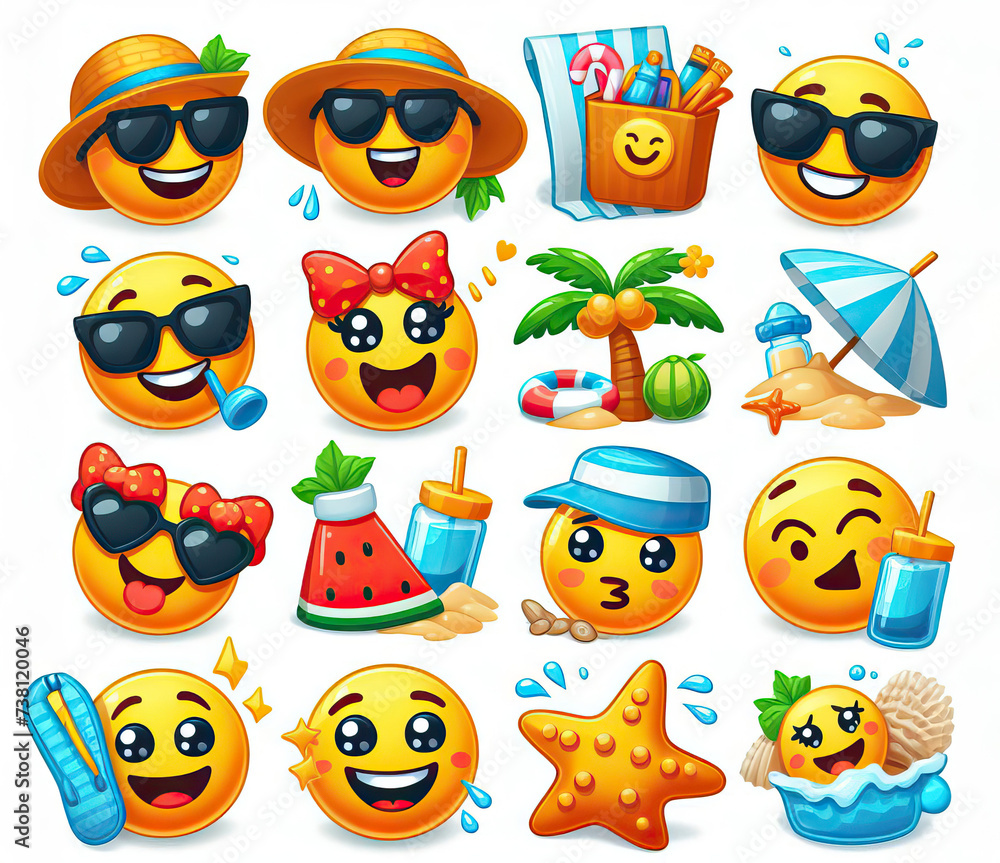 Set of emoticons on a white background in the style of vacation on the beach. Generative AI. Set of emoticons on a white background in the style of vacation on the beach. Generative AI.
