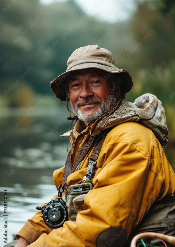 portrait of a happy smiling fisherman on the background of a river, lake, pond, fishing, nature, hobby, fishing rod