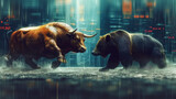 powerful bull and a strong bear face each other on a wet surface with digital stock market numbers in the background