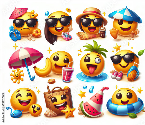 Wallpaper Mural Set of emoticons on a white background in the style of vacation on the beach. Generative AI. Torontodigital.ca