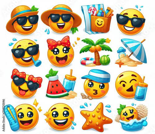 Set of emoticons on a white background in the style of vacation on the beach. Generative AI.