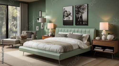White Bed Frame in Green Bedroom © Salman
