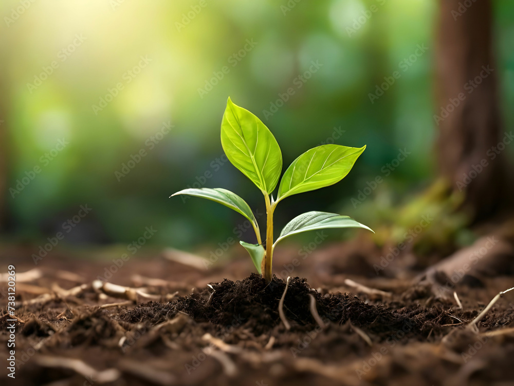 Plants growing from the soil in the forest with a blurred background Young plant growing in sunlight Plants growing from the soil in the forest with a blurred background Young plant growing in sunlight