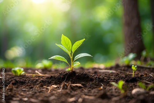 Plants growing from the soil in the forest with a blurred background Young plant growing in sunlight 