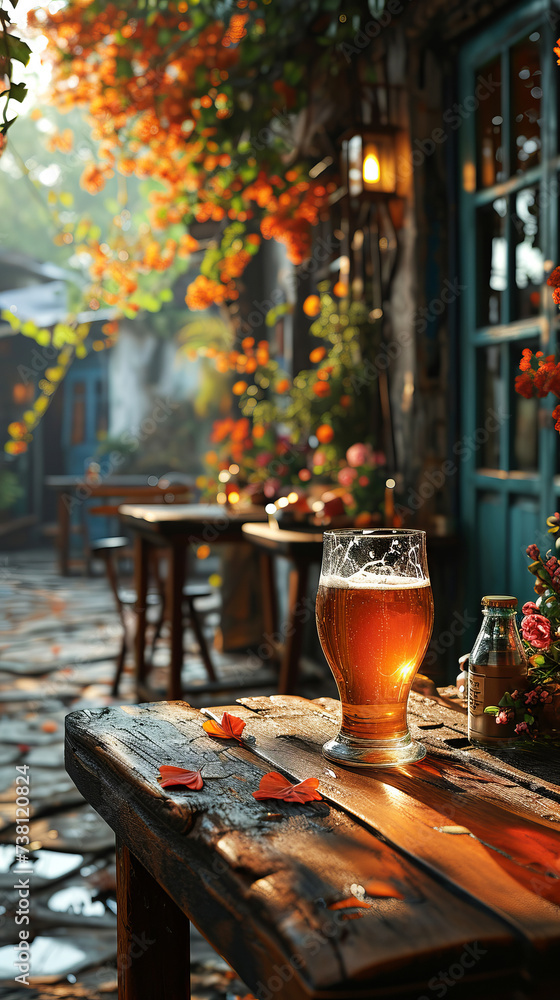 Fototapeta premium Close-up of beer glass standing on the table of the street terrace of a rural pub.