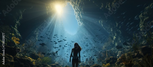 Beautiful diver woman slides underwater with fish in blue ocean photo
